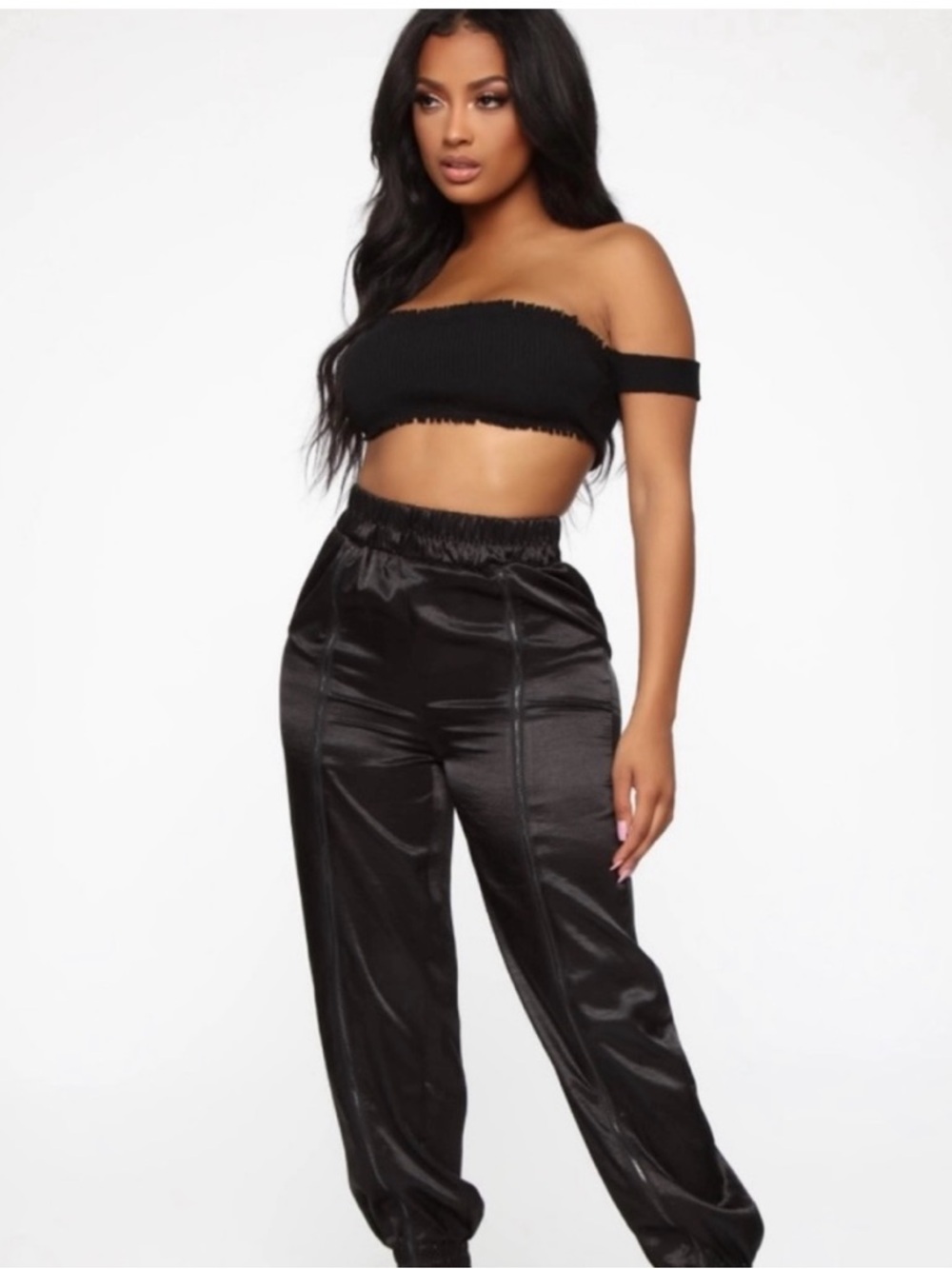 Fashion Nova Black Satin Track Joggers